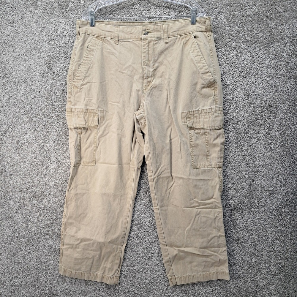 Eddie Bauer Mens Tan Khaki Cargo Pants 36x30 Cotton Straight Leg Utility 7126‎